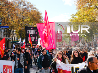 Protesters take part in the interprofessional strike day against the policies of Michel Barnier and Emmanuel Macron, in Paris, France, on Oc...