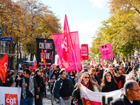 Protesters take part in the interprofessional strike day against the policies of Michel Barnier and Emmanuel Macron, in Paris, France, on Oc...