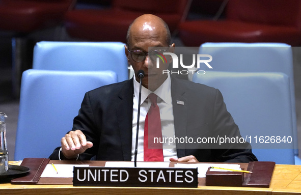 Robert A. Wood US Representative to the UN    speaks during a Security Council meeting on migrant smuggling off the coast of Libya at the Un...