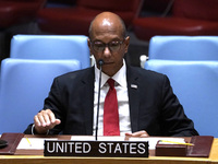 Robert A. Wood US Representative to the UN    speaks during a Security Council meeting on migrant smuggling off the coast of Libya at the Un...