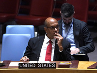 Robert A. Wood US Representative to the UN    speaks during a Security Council meeting on migrant smuggling off the coast of Libya at the Un...