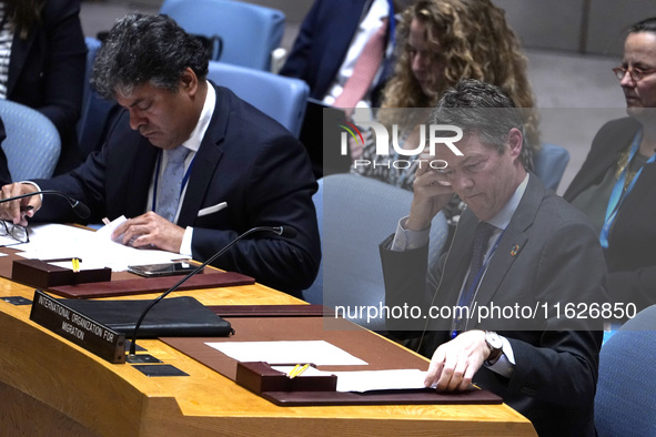 Par Liljert, Director of the International Organization for Migration Office to the United Nations, briefs the Security Council meeting on m...