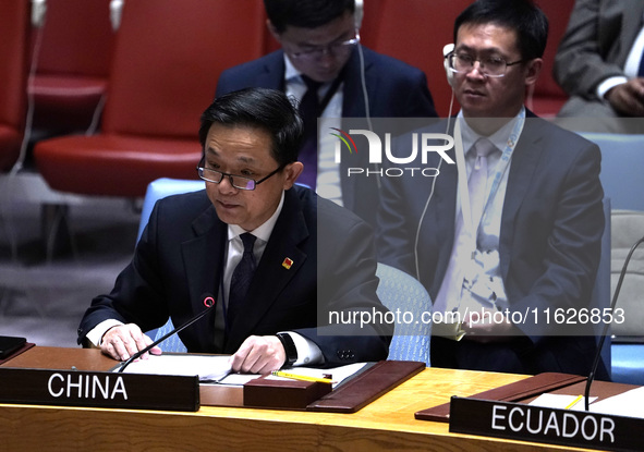 Ambassador Dai Bing to the UN speaks during a Security Council meeting on migrant smuggling off the coast of Libya at the United Nations Hea...