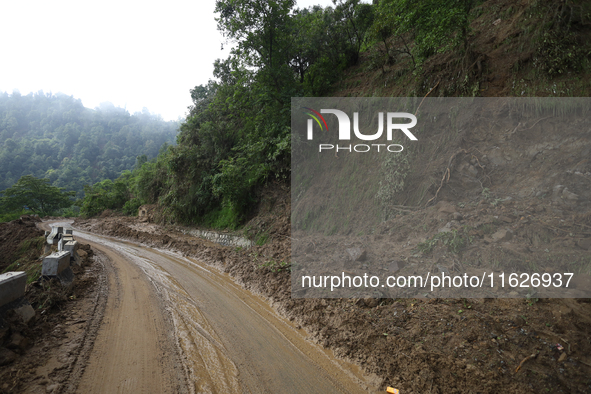 A landslide sweeps a section of BP Highway in Nepal on October 1, 2024, after heavy rainfall in the last week of September. 