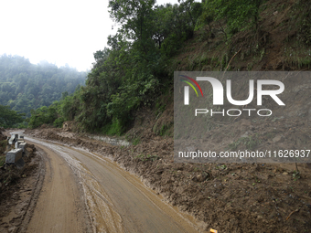 A landslide sweeps a section of BP Highway in Nepal on October 1, 2024, after heavy rainfall in the last week of September. (