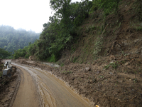 A landslide sweeps a section of BP Highway in Nepal on October 1, 2024, after heavy rainfall in the last week of September. (