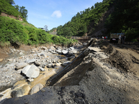 A landslide sweeps a section of BP Highway in Nepal on October 1, 2024, after heavy rainfall in the last week of September. (