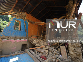 A house sustains damage from flooding in Kavrepalanchowk District along the BP Highway of Nepal, on October 1, 2024. (