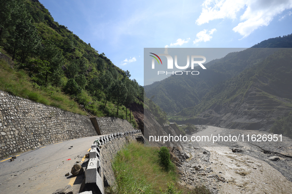 A section of BP Highway, a major highway that connects Kathmandu directly with the Southern Plains of Nepal, is damaged by a landslide in Ka...