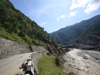 A section of BP Highway, a major highway that connects Kathmandu directly with the Southern Plains of Nepal, is damaged by a landslide in Ka...