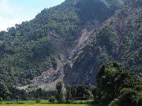 A section of BP Highway, a major highway that connects Kathmandu directly with the Southern Plains of Nepal, is damaged by a landslide in Ka...