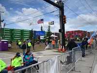 Longshoremen carry signs and demonstrate outside the APM terminals in Elizabeth, New Jersey, United States, on October 1, 2024, as members o...