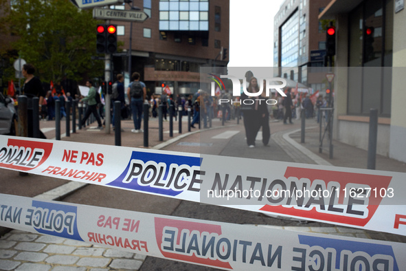 A ribbon reads 'national police'. Between 3,000 and 5,000 protesters march in Toulouse, France, on October 1, 2024, called by the FSU, the C...