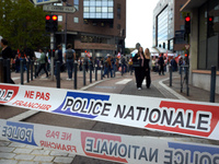 A ribbon reads 'national police'. Between 3,000 and 5,000 protesters march in Toulouse, France, on October 1, 2024, called by the FSU, the C...