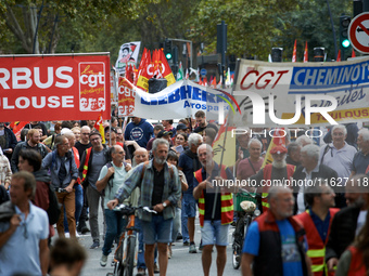 Between 3,000 and 5,000 protesters march in Toulouse, France, on October 1, 2024, called by the FSU, the CGT, and the SUD unions to protest...