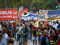 Between 3,000 and 5,000 protesters march in Toulouse, France, on October 1, 2024, called by the FSU, the CGT, and the SUD unions to protest...