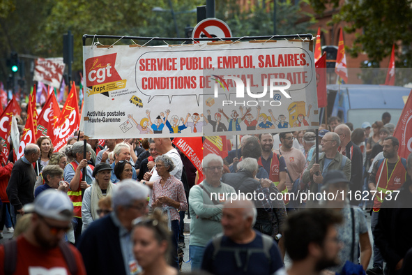 Between 3,000 and 5,000 protesters march in Toulouse, France, on October 1, 2024, called by the FSU, the CGT, and the SUD unions to protest...