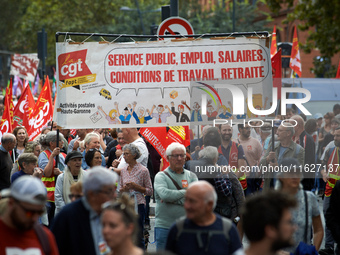 Between 3,000 and 5,000 protesters march in Toulouse, France, on October 1, 2024, called by the FSU, the CGT, and the SUD unions to protest...