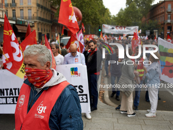 Between 3,000 and 5,000 protesters march in Toulouse, France, on October 1, 2024, called by the FSU, the CGT, and the SUD unions to protest...