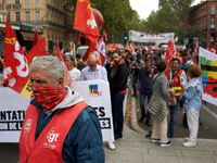 Between 3,000 and 5,000 protesters march in Toulouse, France, on October 1, 2024, called by the FSU, the CGT, and the SUD unions to protest...