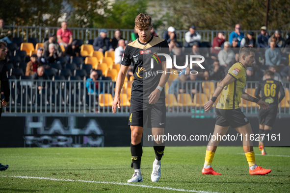 Sebastian Rogala participates in the game between Wieczysta Krakow and GKS Jastrzebie in Krakow, Poland, on October 1, 2024. Betclic 2 Liga,...