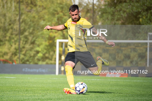 Rafal Pietrzak plays during the game between Wieczysta Krakow and GKS Jastrzebie in Krakow, Poland, on October 1, 2024. Betclic 2 Liga, Poli...