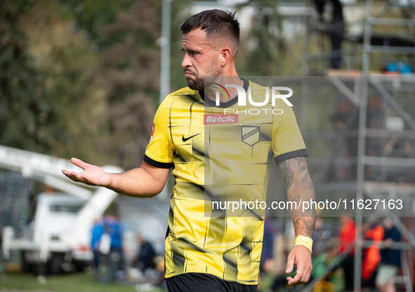 Rafal Pietrzak plays during the game between Wieczysta Krakow and GKS Jastrzebie in Krakow, Poland, on October 1, 2024. Betclic 2 Liga, Poli...