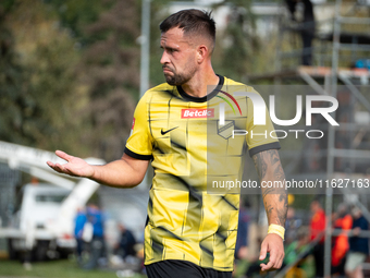 Rafal Pietrzak plays during the game between Wieczysta Krakow and GKS Jastrzebie in Krakow, Poland, on October 1, 2024. Betclic 2 Liga, Poli...