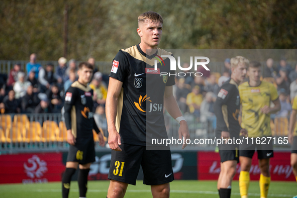 Jan Flak during the game between Wieczysta Krakow and GKS Jastrzebie in Krakow, Poland, on October 1, 2024. Betclic 2 Liga, Polish football...