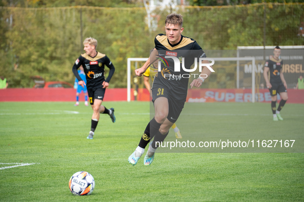 Jan Flak during the game between Wieczysta Krakow and GKS Jastrzebie in Krakow, Poland, on October 1, 2024. Betclic 2 Liga, Polish football...