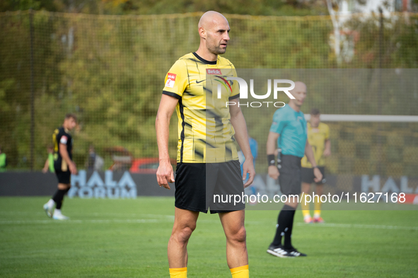 Michal Fidziukiewicz participates in the game between Wieczysta Krakow and GKS Jastrzebie in Krakow, Poland, on October 1, 2024. Betclic 2 L...