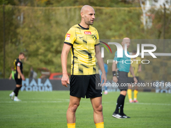 Michal Fidziukiewicz participates in the game between Wieczysta Krakow and GKS Jastrzebie in Krakow, Poland, on October 1, 2024. Betclic 2 L...