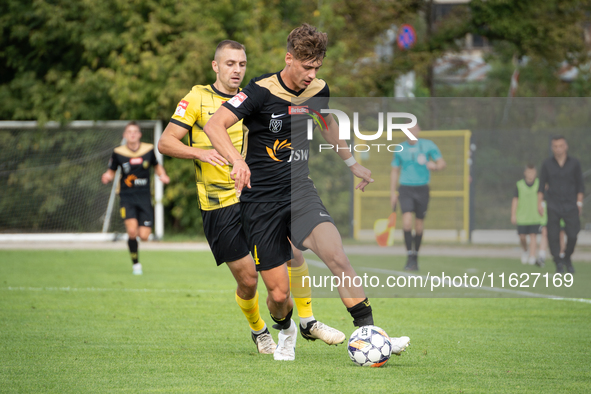 Sebastian Rogala participates in the game between Wieczysta Krakow and GKS Jastrzebie in Krakow, Poland, on October 1, 2024. Betclic 2 Liga,...