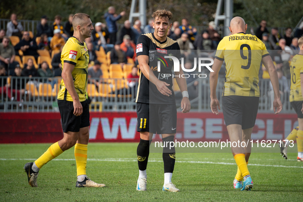 Szymon Kiebzak plays during the game between Wieczysta Krakow and GKS Jastrzebie in Krakow, Poland, on October 1, 2024. Betclic 2 Liga, Poli...