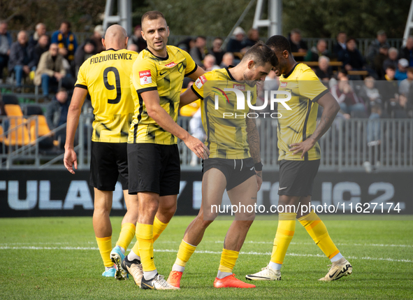 Wieczysta players during the game between Wieczysta Krakow and GKS Jastrzebie in Krakow, Poland, on October 1, 2024. Betclic 2 Liga, Polish...