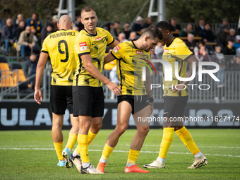 Wieczysta players during the game between Wieczysta Krakow and GKS Jastrzebie in Krakow, Poland, on October 1, 2024. Betclic 2 Liga, Polish...