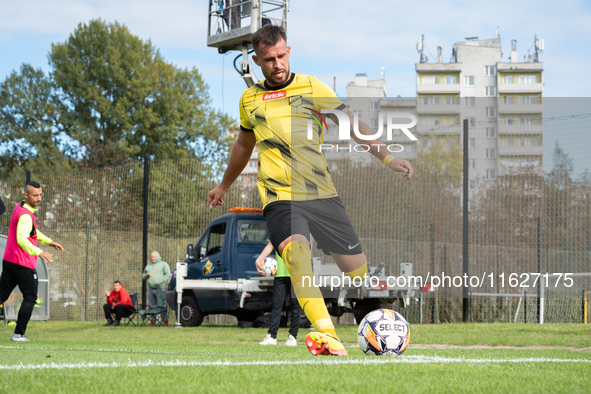 Rafal Pietrzak plays during the game between Wieczysta Krakow and GKS Jastrzebie in Krakow, Poland, on October 1, 2024. Betclic 2 Liga, Poli...