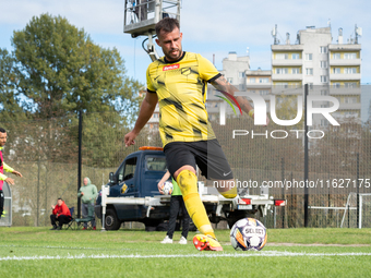 Rafal Pietrzak plays during the game between Wieczysta Krakow and GKS Jastrzebie in Krakow, Poland, on October 1, 2024. Betclic 2 Liga, Poli...