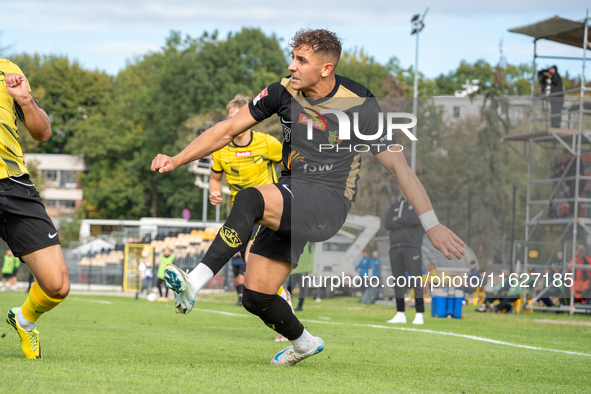 Szymon Kiebzak plays during the game between Wieczysta Krakow and GKS Jastrzebie in Krakow, Poland, on October 1, 2024. Betclic 2 Liga, Poli...