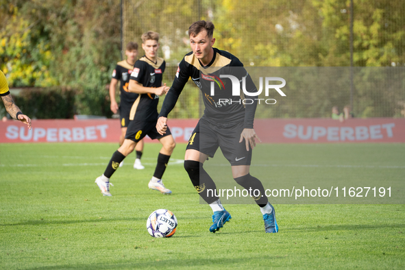 Jakub Iskra plays during the game between Wieczysta Krakow and GKS Jastrzebie in Krakow, Poland, on October 1, 2024. Betclic 2 Liga, Polish...