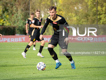 Jakub Iskra plays during the game between Wieczysta Krakow and GKS Jastrzebie in Krakow, Poland, on October 1, 2024. Betclic 2 Liga, Polish...