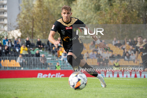 Szymon Kiebzak plays during the game between Wieczysta Krakow and GKS Jastrzebie in Krakow, Poland, on October 1, 2024. Betclic 2 Liga, Poli...