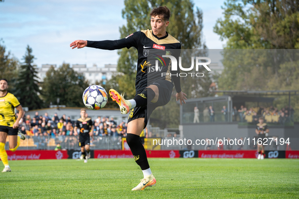 Krystian Mucha plays during the game between Wieczysta Krakow and GKS Jastrzebie in Krakow, Poland, on October 1, 2024. Betclic 2 Liga, Poli...