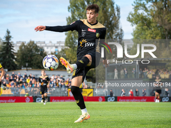 Krystian Mucha plays during the game between Wieczysta Krakow and GKS Jastrzebie in Krakow, Poland, on October 1, 2024. Betclic 2 Liga, Poli...