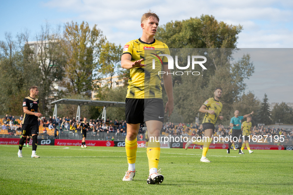 Bartosz Brzek during the game between Wieczysta Krakow and GKS Jastrzebie in Krakow, Poland, on October 1, 2024. Betclic 2 Liga, Polish foot...