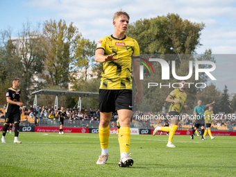 Bartosz Brzek during the game between Wieczysta Krakow and GKS Jastrzebie in Krakow, Poland, on October 1, 2024. Betclic 2 Liga, Polish foot...