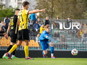 Goalkeeper Antoni Mikulko during the game between Wieczysta Krakow and GKS Jastrzebie in Krakow, Poland, on October 1, 2024. Betclic 2 Liga,...