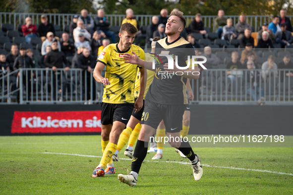 Oskar Paprzycki plays during the game between Wieczysta Krakow and GKS Jastrzebie in Krakow, Poland, on October 1, 2024. Betclic 2 Liga, Pol...