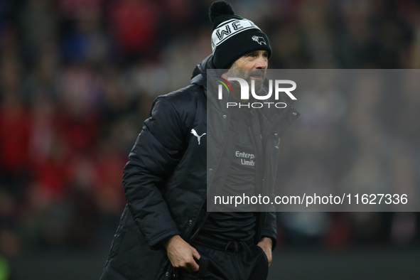 Derby County Head Coach Paul Warne during the Sky Bet Championship match between Sunderland and Derby County at the Stadium Of Light in Sund...