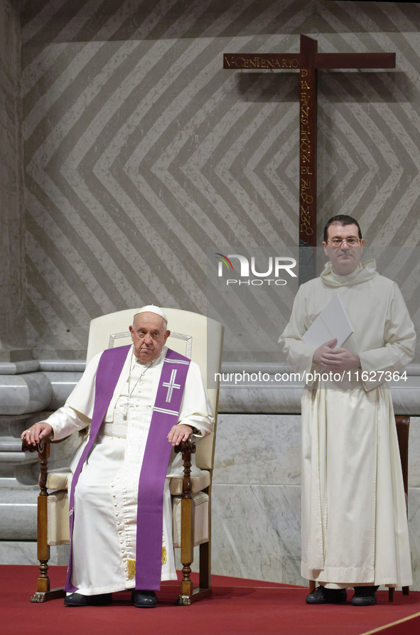 Pope Francis attends a vigil prayer in St. Peter's Basilica ahead of the start of the Synod of Bishops 16th General Assembly, at the Vatican...